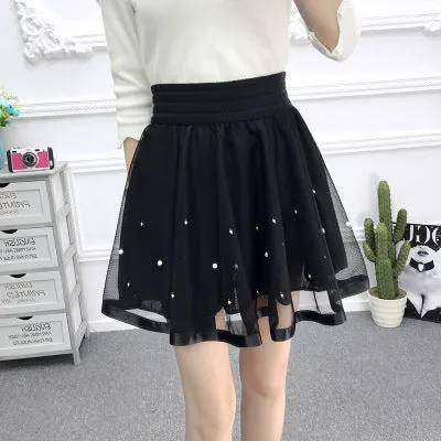 Elastic Waist Printed Skorts Anti-Exposed Flare Pleated A-Line High Mesh Floral Skorts