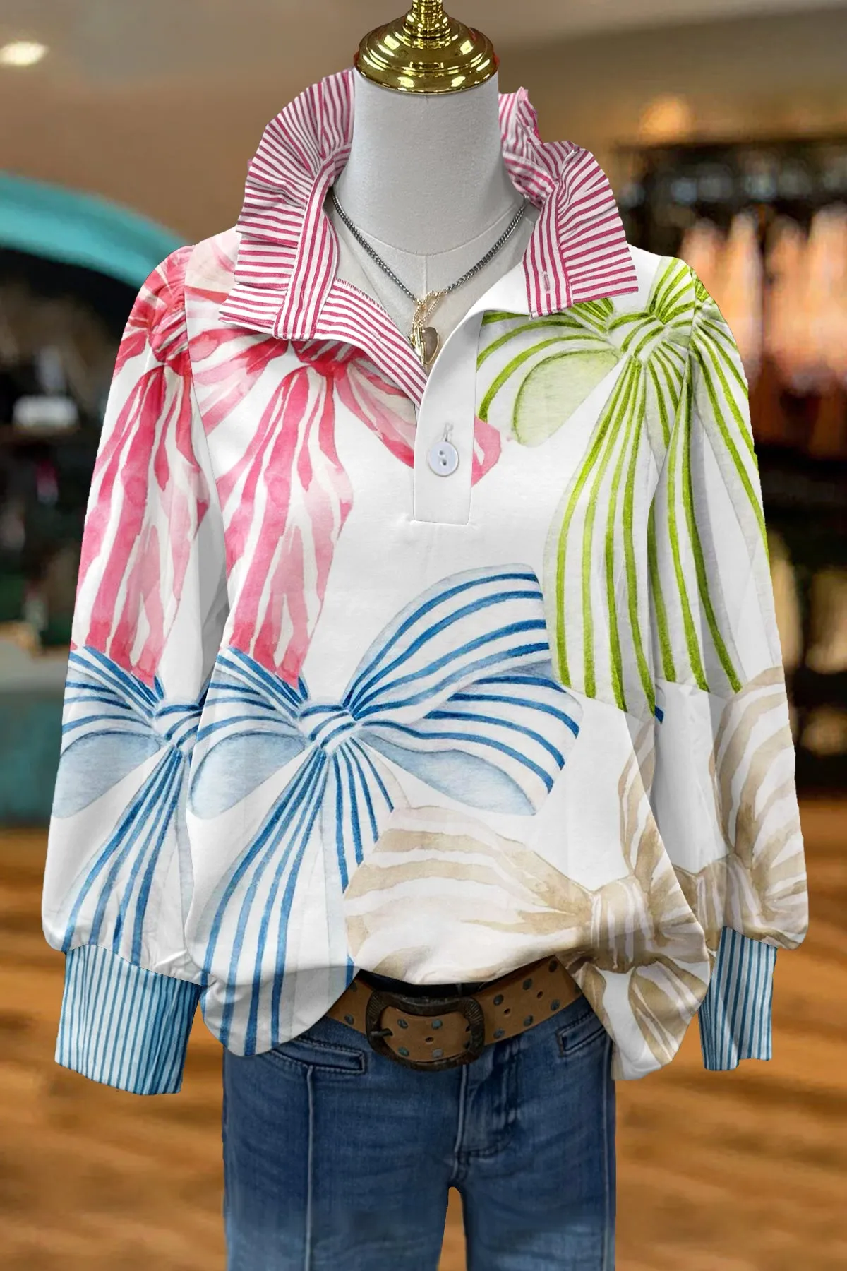 Fresh Bow Print Stand Collar Top