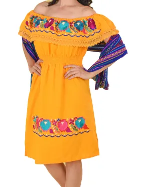 Womens Traditional Embroidered Manta Off Shoulder Dress Floral Loop Orange