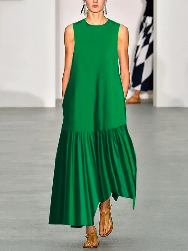 xakxx A-Line Loose Solid Color Split-Joint Round-Neck Maxi Dresses
